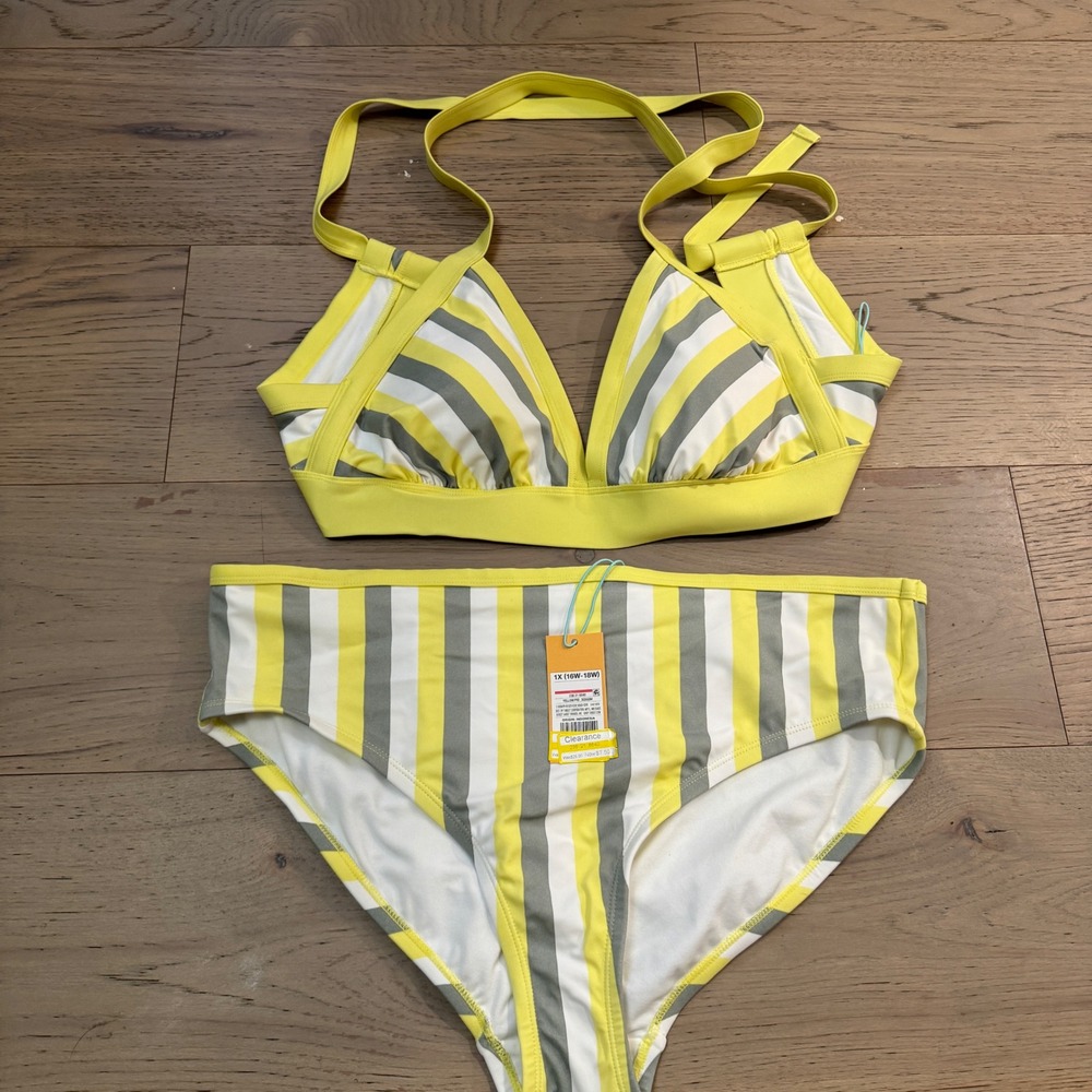 Kona Sol Womens Plus 1X Striped High Waist Halter Bikini Swimsuit NWT